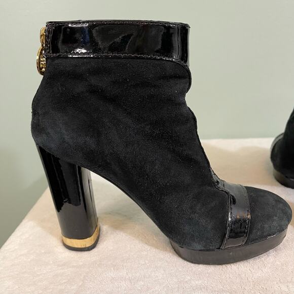 TORY BURCH Booties Womens 5.5 Suede Leather Zip Pull On Block High Heel Black - Picture 8 of 13